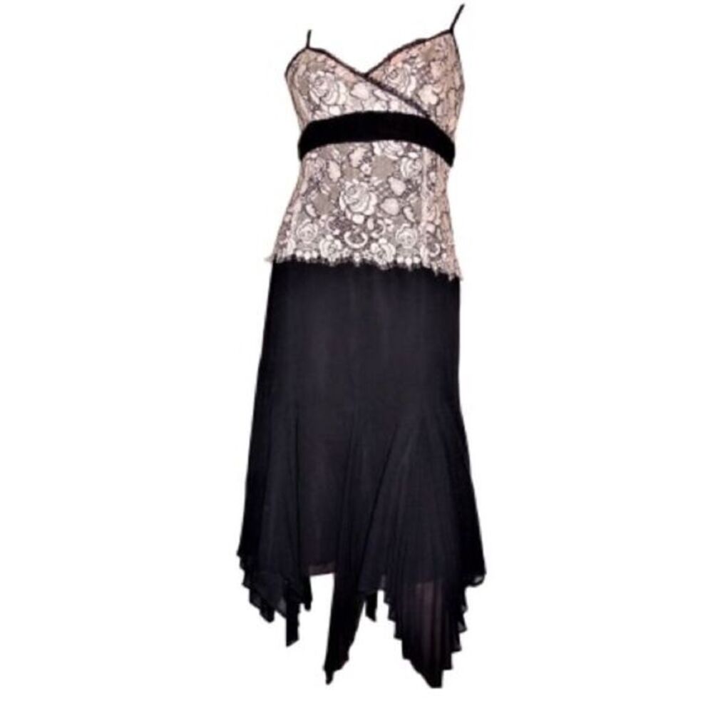 Karen Millen Lace Chiffon Dress Black Pink Asymmetrical Hem Size 6